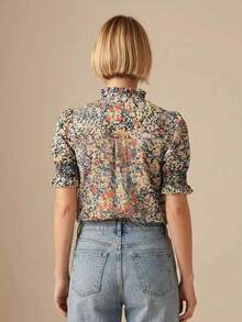 Blusa de verano casual con cuello fruncido y estampado todo sobre, camisa de verano versátil para uso diario de mujer - Multicolor - Ver 4