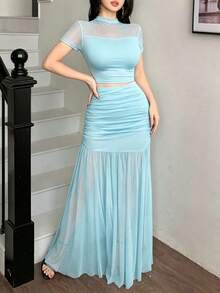 Conjunto de 2 piezas de top ajustado de manga corta con parches de malla azul claro y falda plisada de malla maxi de cintura alta, sexy y elegante, adecuado para citas, fiestas, vacaciones, bodas, cenas formales, primavera/verano - azul claro - Ver 4