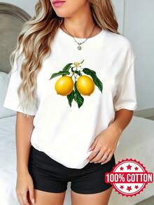 Camiseta de manga corta con cuello redondo y estampado, para mujer, para verano Árbol de limón con flores S-3XL 100% aodón, material transpirable - Blanco - Ver 2