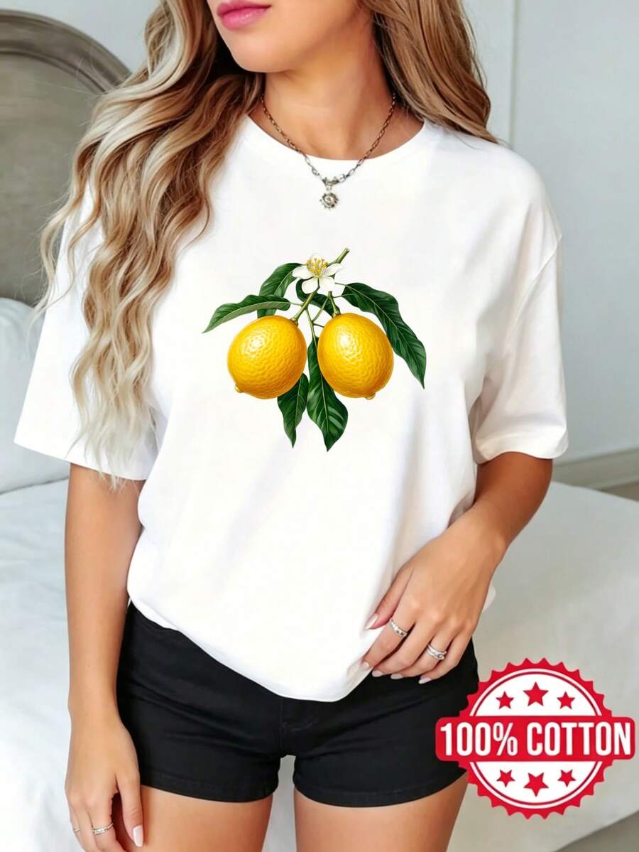 Camiseta de manga corta con cuello redondo y estampado, para mujer, para verano Árbol de limón con flores S-3XL 100% aodón, material transpirable