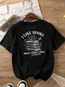 Camiseta de manga corta - Amor por los libros, amantes de los libros - Camiseta estampada de moda para mujer, primavera/verano, ¡tu mejor elección! - Tela ligera y suave - Negro - Ver 3