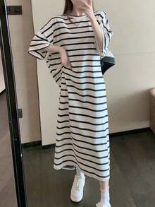 Vestido mediano y largo de mujer Vestido de verano de manga corta estilo coreano con cintura ajustada que adelgaza, cubre el abdomen, ropa de mujer, vestido largo de rayas hasta la rodilla con cinturón tipo camiseta - Blanco - Ver 3