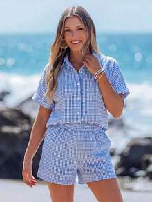 Conjunto informal de dos piezas de camisa a rayas de colores y pantalones cortos, ideal para vacaciones - Azul - Ver 4