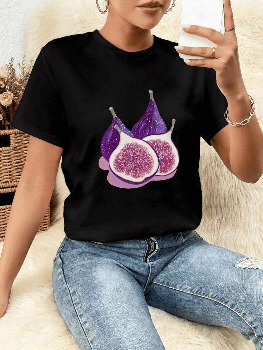 Women's T-Shirt, Casual Short-Sleeved Round Neck Top With A Vibrant And Three-Dimensional Purple Fig Print, Dopamine Color Scheme, Soft And Breathable Double-Brushed Milk Silk Fabric, Loose Fit, Suitable For Everyday Summer Wear, Modern, Sporty, Youthful, Versatile, Fun For Parties, Fashionable, Unique, Beach Style, Comfortable For All Seasons. - 黑色 - 查看 1