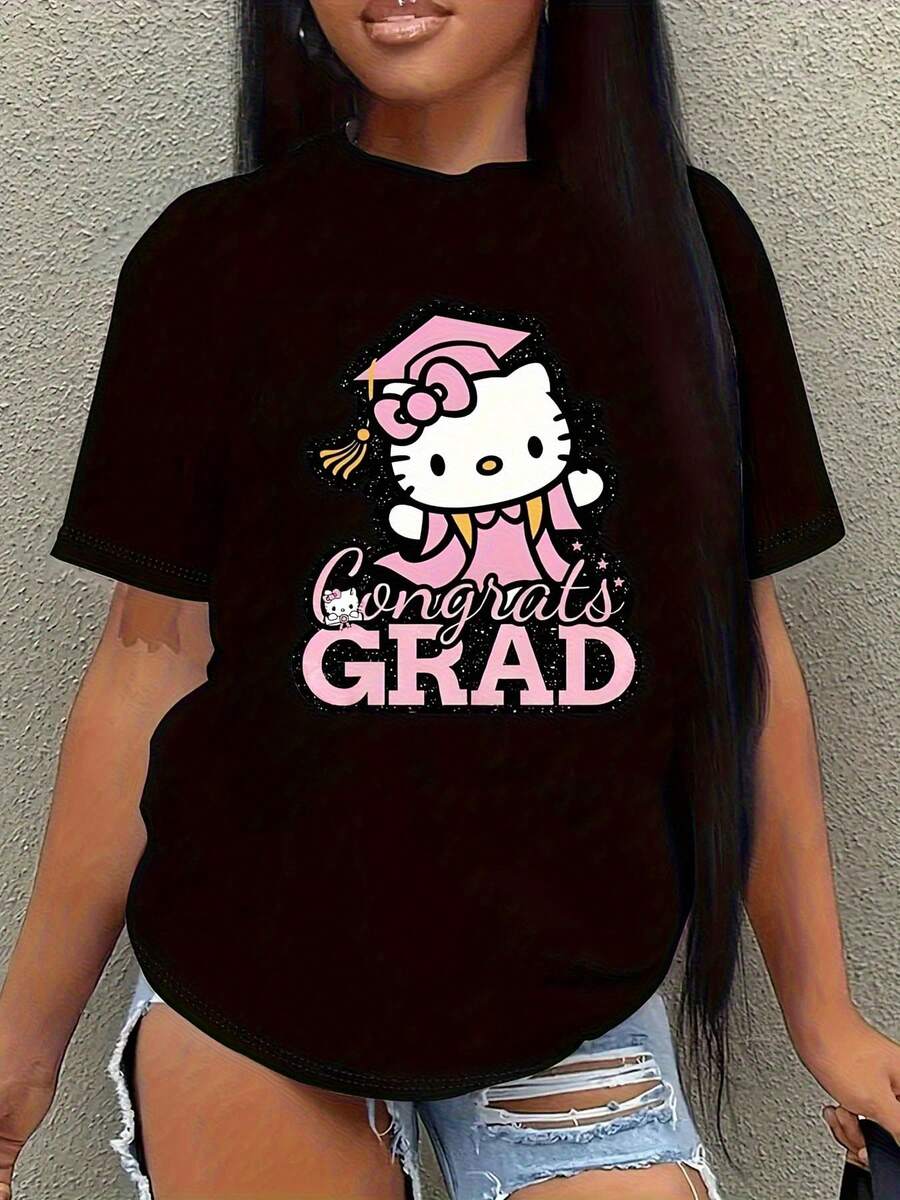 Camiseta negra de manga corta para mujer, estilo casual de verano, con diseño de , un estampado rosa de "Felicitaciones por la Graduación", gorro de graduación y motivos de lazo. Este estilo cómodo y casual es perfecto para el atuendo de graduación de las mujeres. - Negro - Ver 1