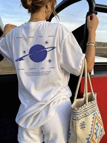 Playera Casual Oversize Mujer con Diseño "Saturno Pixelado" - Estilo Espacial y Aesthetic ADOV - Blanco - Ver 6