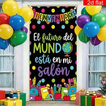 1pc Spanish Back To School Door Cover Party Banner, Polyester, Black Background With Globe And Pencil Pattern, Classroom Decoration Hanging Flags, Spanish Campus Theme Event Decoration, Photo Booth Backdrop - A - View 6