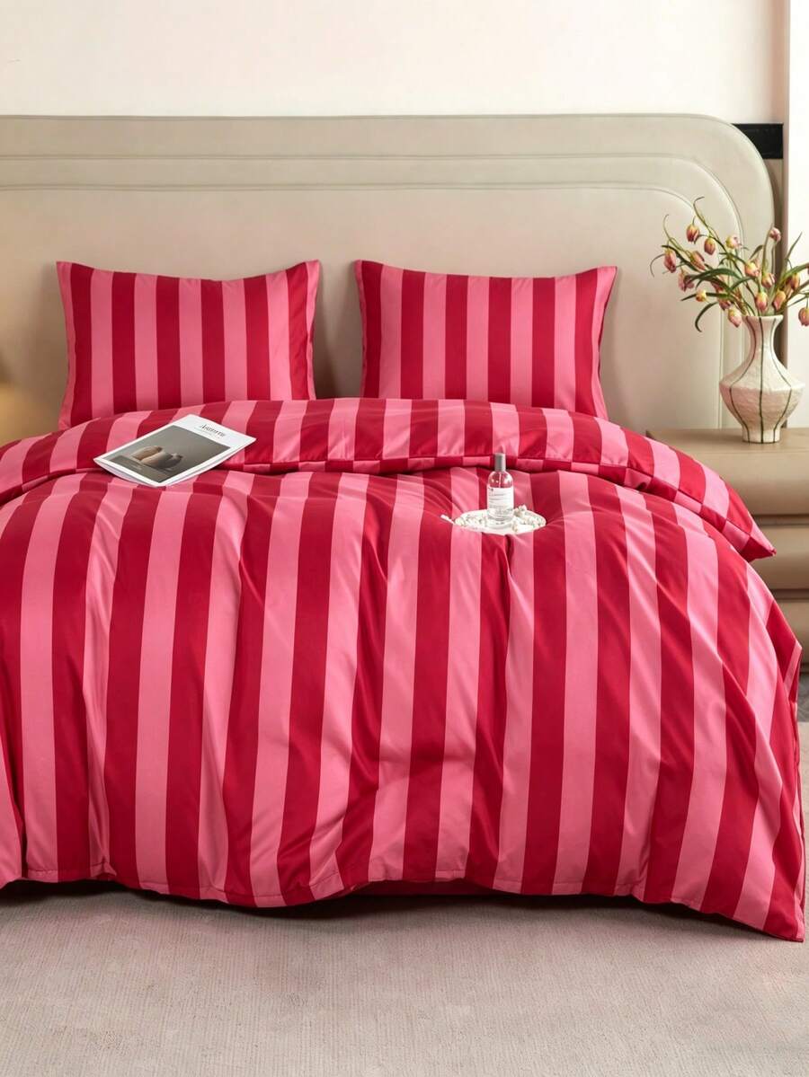 3pieces Simple Style Orange Stipe Bedding And Duvet Set Duvet Cover Queen Size -Super Soft Polyester Duvet Covers Collection - Lightweight, Duvet Cover - Soft Breathable Bedding (Queen, Orange) - Hot Pink - View 1