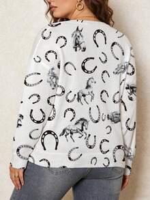 ASHKATIA Plus Size Women Knit Sweater, Retro American Western Style, Lucky Western Horseshoe Symbol, Autumn/Winter Vacation - Multicolor - View 3