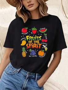 Camiseta de Frutos del Espíritu, Color Negro, con Estampado de Frutas y Palabras de Virtud para Uso Casual y Eventos Religiosos, Camiseta de Cuello Redondo para Uso Casual, Manga Corta, Tejido Ligero para Todas las Estaciones - Negro - Ver 2
