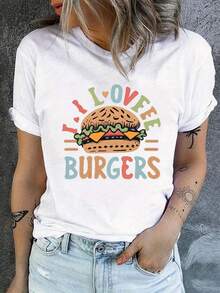 Fun And Quirky T-Shirt With Hamburger Print, Loose Fit, Slimming Effect, Casual Short Sleeves For Everyday Use. - 白色 - 查看 1