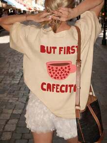 2026 New Cotton-shirtCamiseta de mujer de manga corta y cuello redondo con estampado de letras, casual y holgada, versátil y de uso diario con estiloLightweight Cotton - Albaricoque - Ver 1