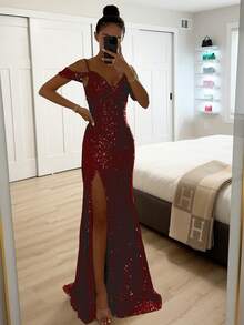 Vestido sin tirantes con lentejuelas corte abierto estilo casual para primavera y otoño - Burdeos - Ver 2