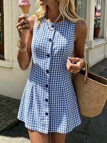 Vestido midi casual de mujer con abertura frontal a cuadros rojos para vacaciones - Azul marino - Ver 1
