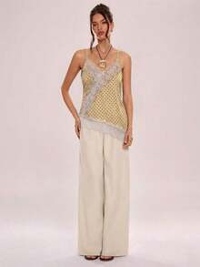 Camiseta de tirantes asimétrica con entrelazado de encaje transparente - Amarillo - Ver 5