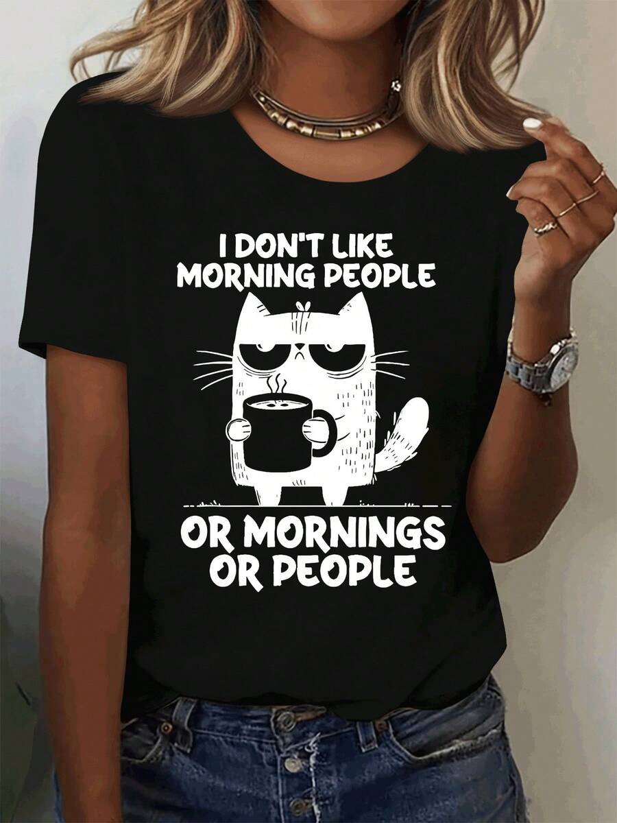 Plus Size - Plus Size - Plus Size - Women's Red Graphic T-Shirt "I Don't Like People In The Morning Or Mornings Or People" | Casual Short Sleeve Crew Neck T-Shirt With Cartoon Cat And Coffee Cup Design, Lightweight Summer Outfit For Going Out, Medium - 黑色 - 查看 1