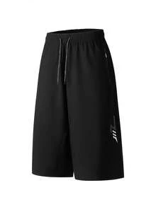 Plus Size Men's 7-Inch Sports Shorts, Black Baggy Pants, Zipper Pockets, Elastic Waist & Lightning Print, Summer Casual - Black - View 10