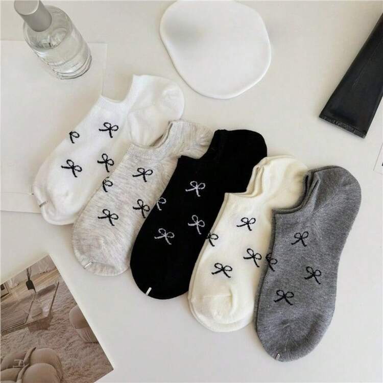 5 Pairs Summer Women's Low-Cut Socks, Sweet Bow Decor, Simple Versatile, Suitable For Daily Commute, Campus Outings, Casual Wear - Multicolor - View 6