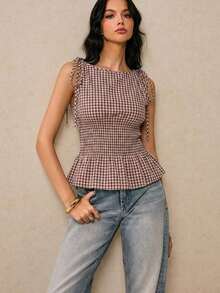 de peplum con smock a cuadros para mujer - Blusa sin mangas con lazos de contraste en los hombros, cintura ceñida estilizadora, top de tirantes casual y elegante a cuadros marrones para el trabajo, el brunch y las vacaciones, Top sin mangas - Multicolor - Ver 6