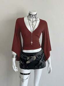 Camiseta ajustada con cuello en V profundo y mangas acampanadas sexy - Burdeos 2 - Ver 6