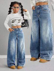 Quần jean denim ống rộng dáng rộng cạp chun cho bé gái, chất liệu denim mài. - Rửa nhẹ - Xem 1
