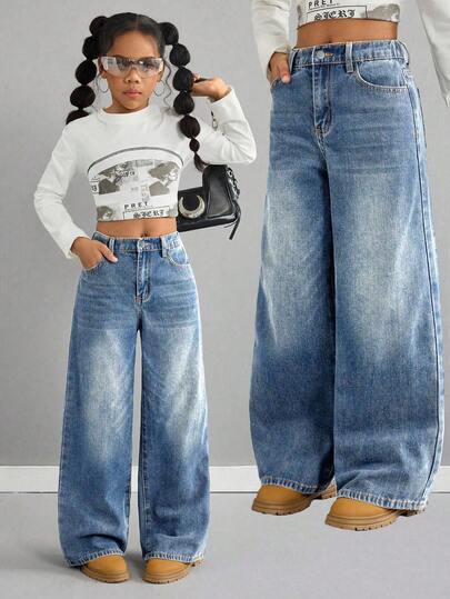 Girls' Elastic Waist Loose Fit Wide Leg Washed Denim Jeans