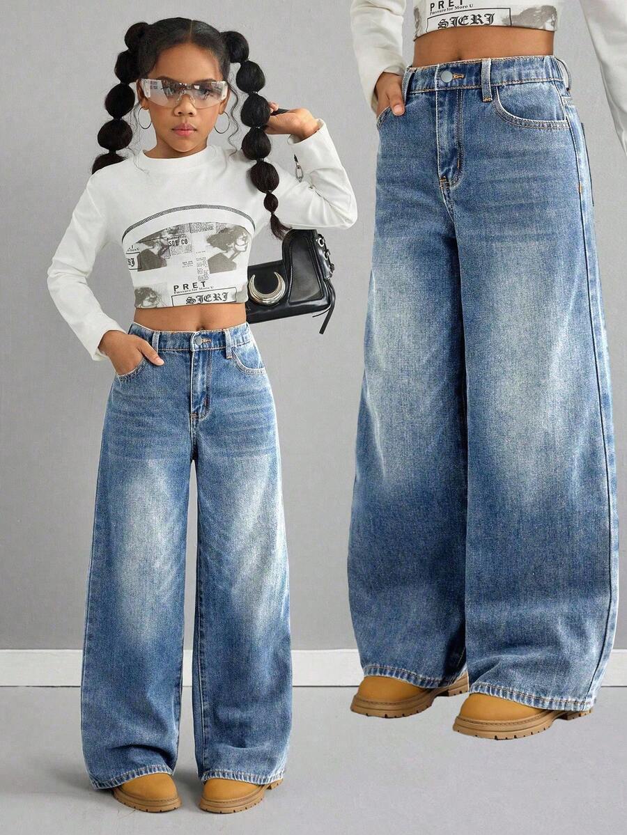 Quần jean denim ống rộng dáng rộng cạp chun cho bé gái, chất liệu denim mài. - Rửa nhẹ - Xem 1