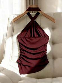 Top corto sin mangas decorado con metal negro, top de punto ajustado de verano informal con bajo asimétrico, top de diseñador tipo halter, tops elegantes y clásicos sin mangas para mujer, tops con cremallera, top burdeos, top fruncido - Burdeos - Ver 2