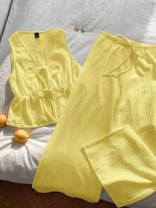 Conjunto de 2 piezas casual para mujer con top de cuello en V y pantalones en punto liso negro - Amarillo - Ver 4