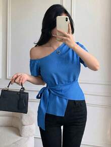 Blusa casual elegante de hombros con nudo, de corte slim para mujeres - Azul - Ver 4