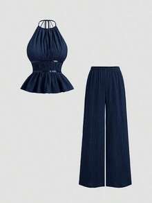 Conjunto de 2 piezas estilo francés relajado con camiseta sin mangas de cintura ceñida y pantalón ancho de pierna holgada, un conjunto de moda para mujeres - Azul marino - Ver 1