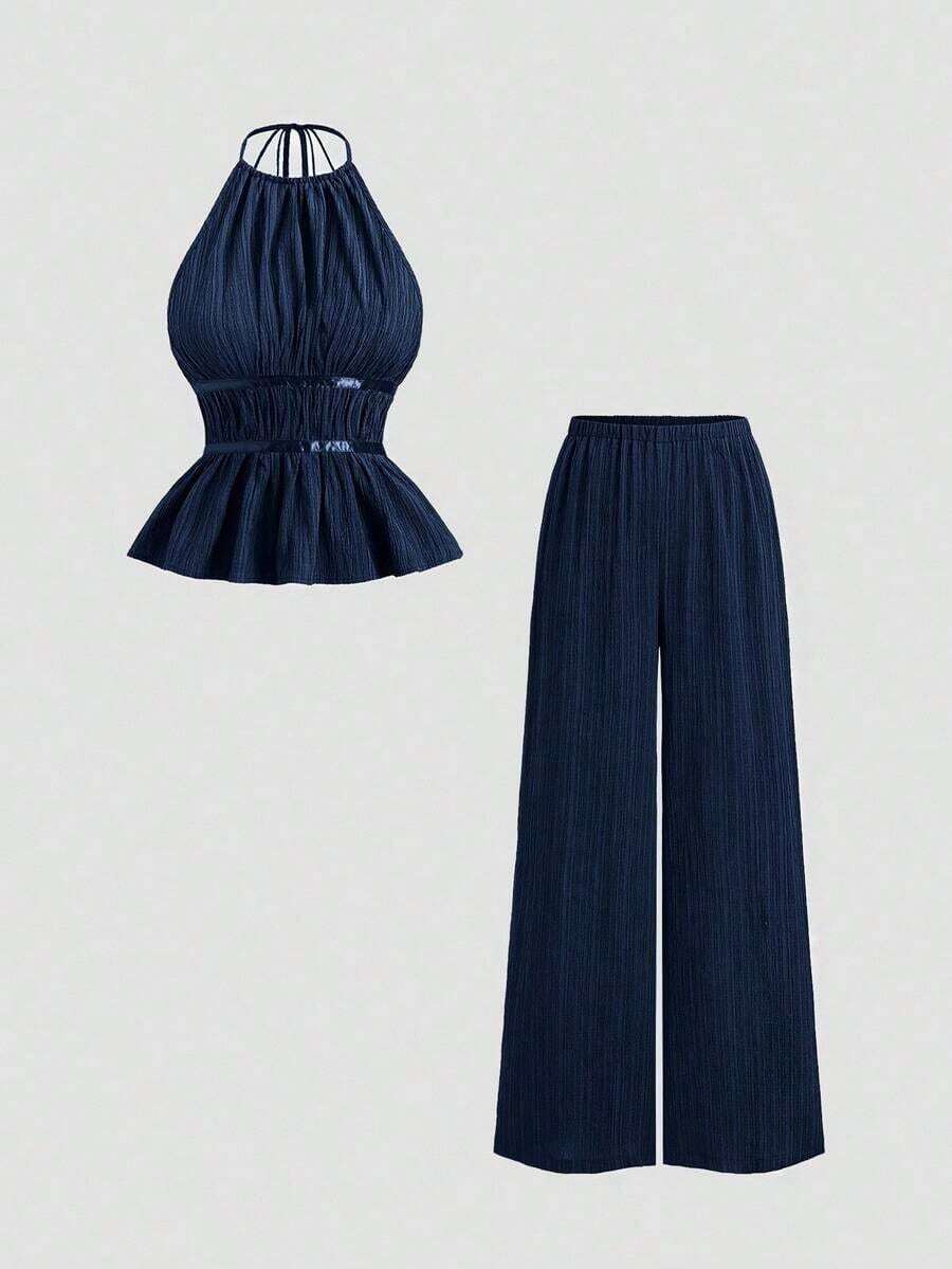 Conjunto de 2 piezas estilo francés relajado con camiseta sin mangas de cintura ceñida y pantalón ancho de pierna holgada, un conjunto de moda para mujeres - Azul marino - Ver 1