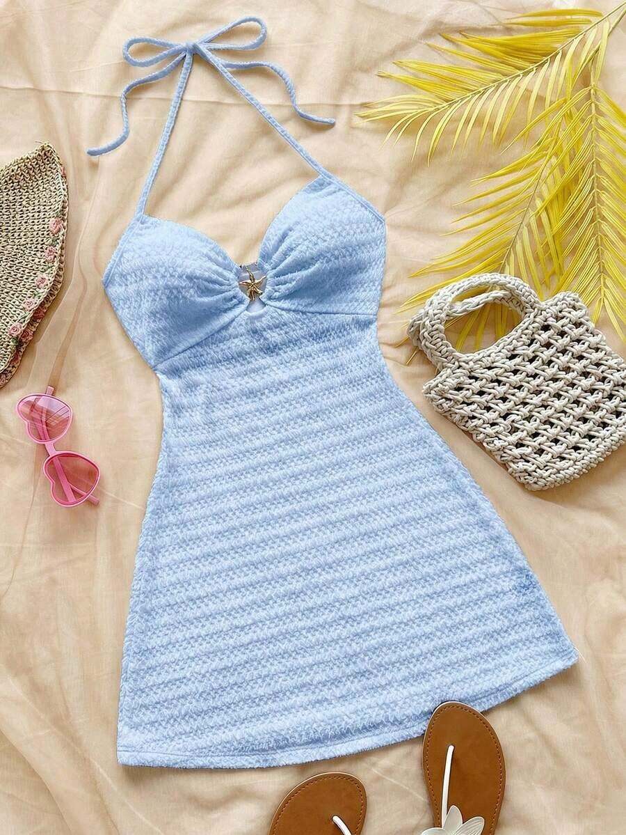 Vestido mini con textura, escote en V, decoración de estrella de mar metálica, cuello con lazo, espalda descubierta, ideal para vacaciones, citas, té de la tarde, días festivos, festivales de música, estilo bohemio - Celeste - Ver 1