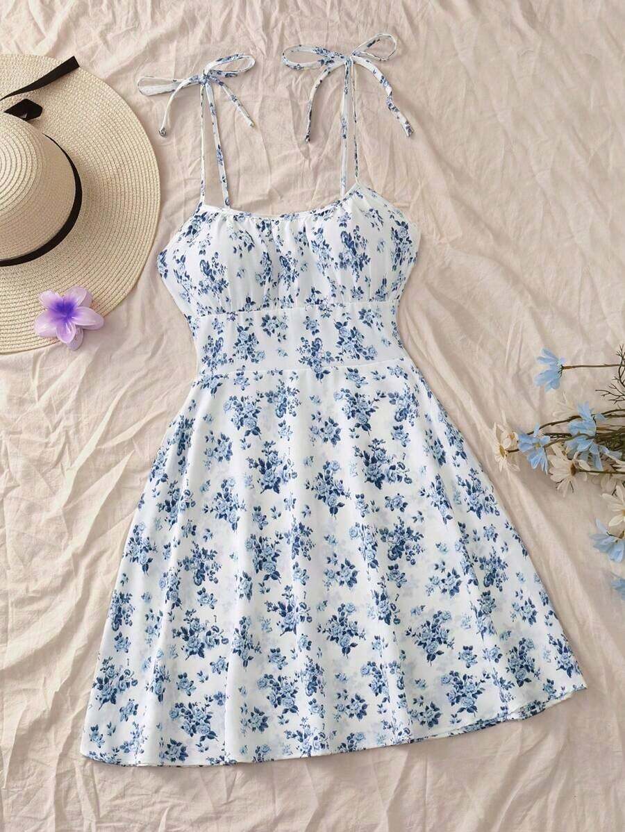Vestido midi con estampado floral y tirantes anudados en los hombros, vestido bohemio sin espalda con nudo, busto fruncido sin mangas con tirantes finos, ajuste regular, vestido corto con estampado floral pequeño, para primavera/verano, uso diario - Azul y blanco - Ver 1