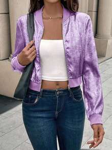 Chaqueta de béisbol con cremallera metálica dorada, puños acanalados, ajuste slim, elegante y versátil, cárdigan corto para ropa de fiesta de Año Nuevo - Morado - Ver 3