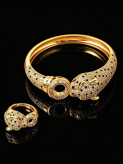 1package/2pcs-Luxury Panther Crystal Bangle & Ring Set – Gold Statement Cuff Jewelry For Women, Glam Party & High-End Daily Wear, Elegant Animal-Inspired Rhinestone Bracelet Set#LuxuryJewelry #PantherBracelet#OldMoneyStyle #QuietLuxury