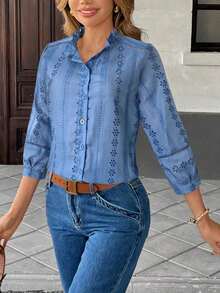 Blusa de mujer con botones, bordados y encaje de algodón estilo francés - Celeste - Ver 4