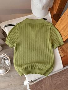 Boys' Solid Color Cable Knit Short Sleeve Half Zip Lightweight Sweater, Suitable For School, Daily Wear In Spring, Summer And Autumn - Green - View 2