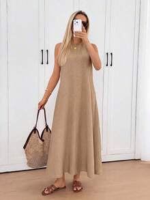 Vestido midi holgado sin mangas con espalda plisada, bajo irregular, silueta en A, tela de crepé texturizada, uso casual, relajado y elegante para la oficina/vacaciones para mujeres, primavera/verano - Caqui - Ver 3