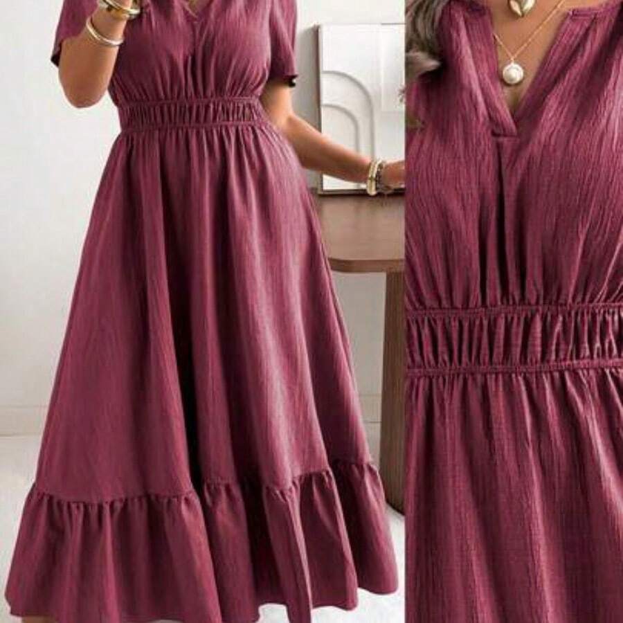 Plus Size Women's New Elegant Casual Loose V-Neck Short Sleeve Textured Fabric Swing Dress, Suitable For Wedding Guest, Bohemian Style Super Long Spring/Summer Dress - Rojo violeta - Ver 1