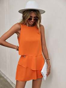 2 piezas de camiseta sin mangas y shorts de falda con diseño asimétrico y multicapa, ideal para uso casual, ir al trabajo o de vacaciones - Naranja - Ver 4