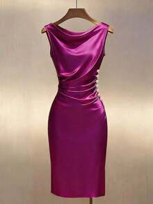 Vestido ajustado sin mangas con cuello drapeado de satén color dorado champán - Rosa Fucsia - Ver 1