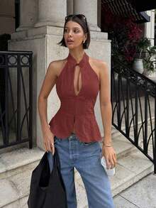 Parte superior sin mangas de mujer con lazo, cuello halter y abertura, chaleco casual - Rojo - Ver 4