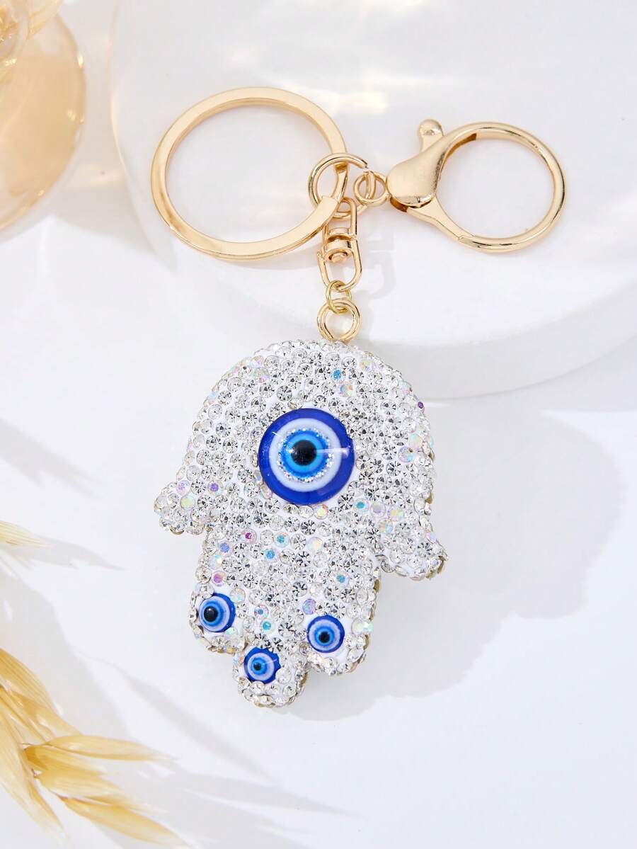 Móc khóa hình bàn tay Fatima đính pha lê lấp lánh, mạ vàng, phụ kiện túi xách và xe hơi phong cách Bohemian, quà tặng bùa may mắn. - trắng - Xem 1