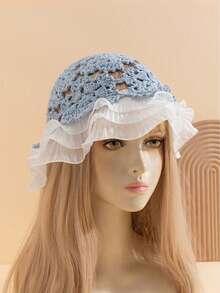 1pc Women's Handmade Crochet Snowflake Hat With Chiffon Ruffle Brim, Knitted Sun Hat, Suitable For Outdoor, Party And Holiday - A - View 5