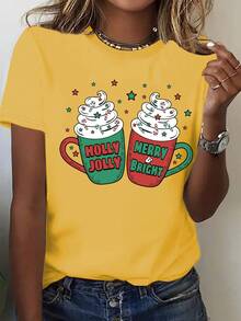 (001 # ) Camiseta de mujer de cuello redondo, camiseta de manga corta con estampado temático de Navidad, top casual de vacaciones con divertido patrón de taza - Negro - Ver 9