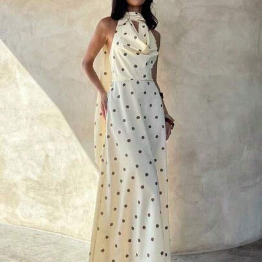 Women's Yellow Draped Neck A-Line Flowy Tie Back Dress,Summer Dresses For Women - Multicolor - Ver 1