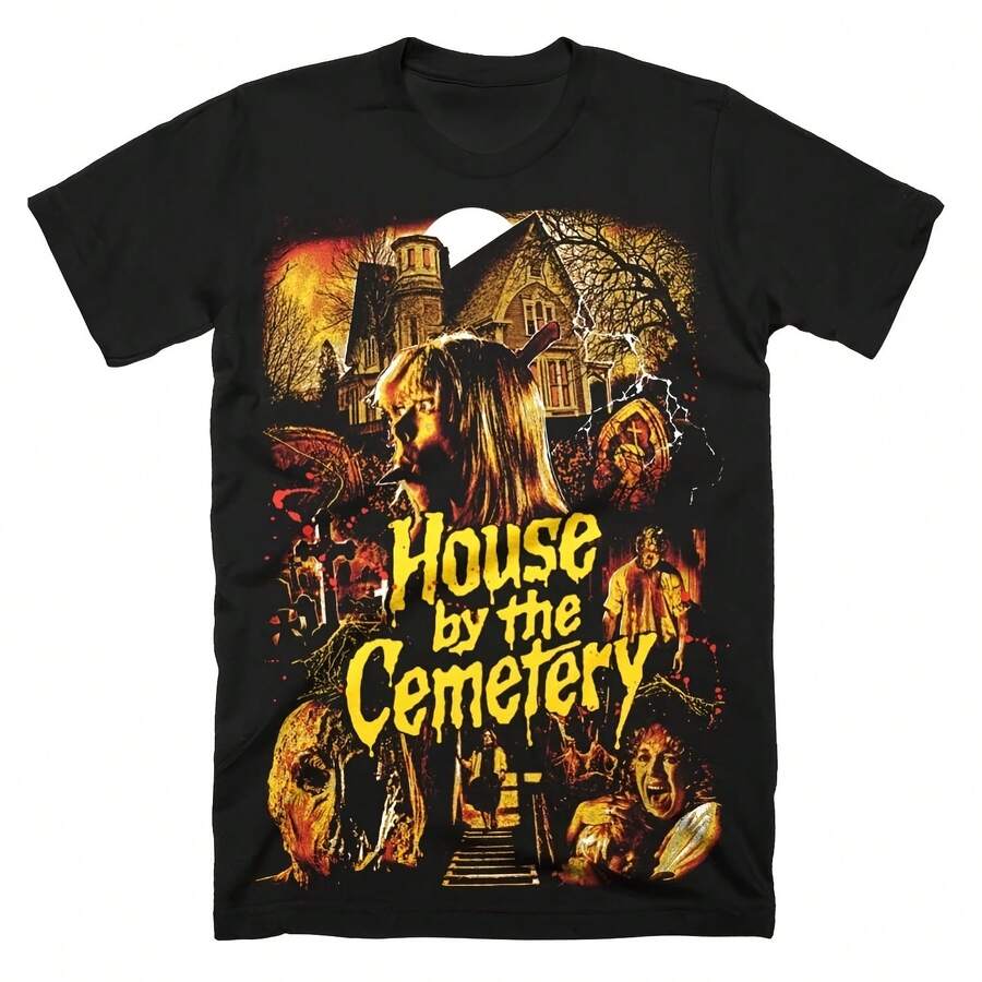 Camiseta House By The Cemetery para hombre, camiseta gótica con gráfico de película de terror, manga corta, estilo urbano holgado, camiseta para fanáticos del horror - forma - Ver 1