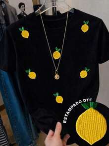 T-Shirt With A Lime Design In An Embroidered Style But It's A Print, Fruit, Casual, Modern, Round Neck, Short Sleeve, Ideal For Every Day, Eye-Catching, Loose, Fashionable, Ideal For You. - 黑色 - 查看 1
