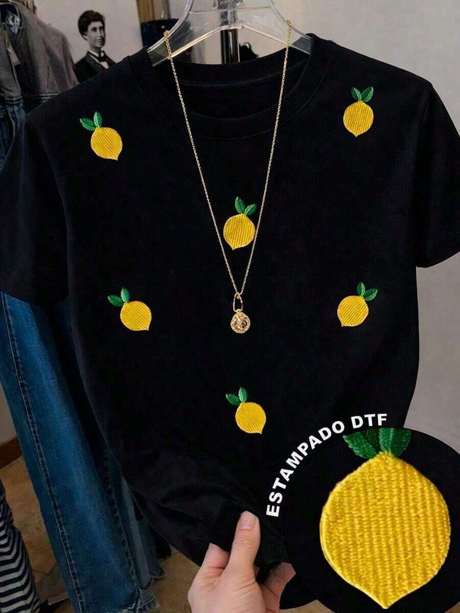 T-Shirt With A Lime Design In An Embroidered Style But It's A Print, Fruit, Casual, Modern, Round Neck, Short Sleeve, Ideal For Every Day, Eye-Catching, Loose, Fashionable, Ideal For You. - 黑色 - 查看 1
